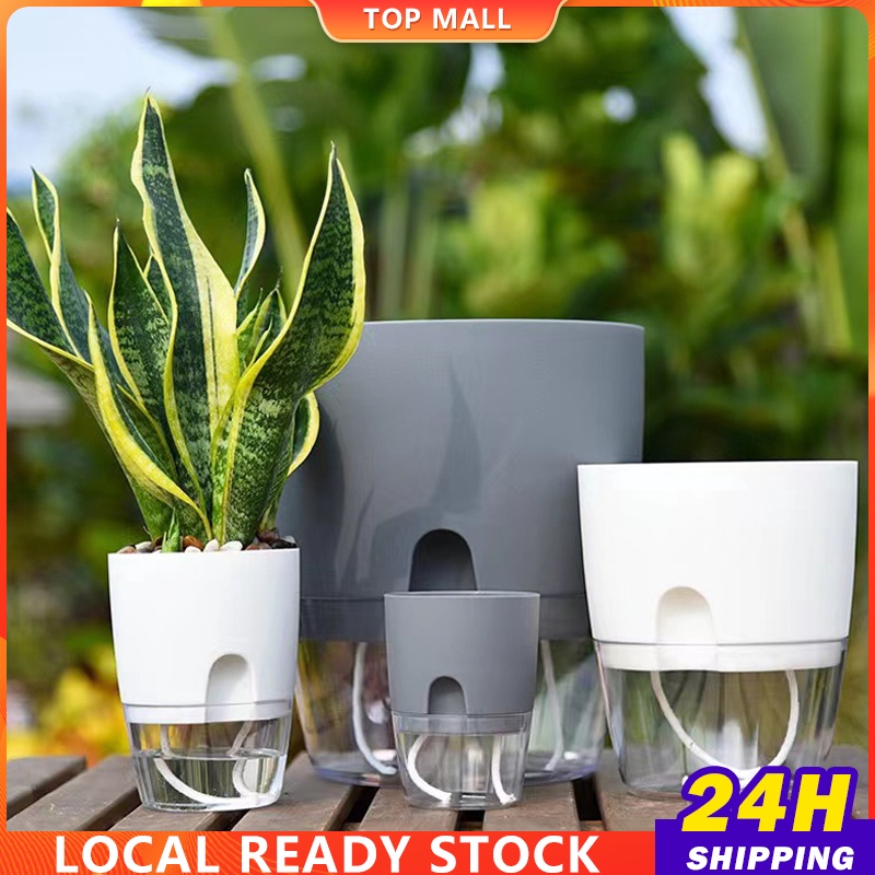 Water Inlet Self Watering Pot White Pots For Plants Indoor Outdoor Flower Pot Clear Bottom Planter - Large